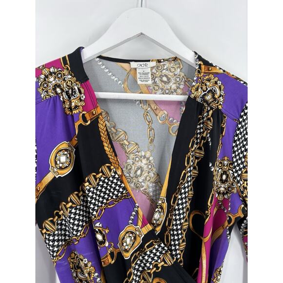 Cache Blouse Womens Medium Multicolor Chain Print Houndstooth Ruched Faux Wrap - Picture 9 of 16